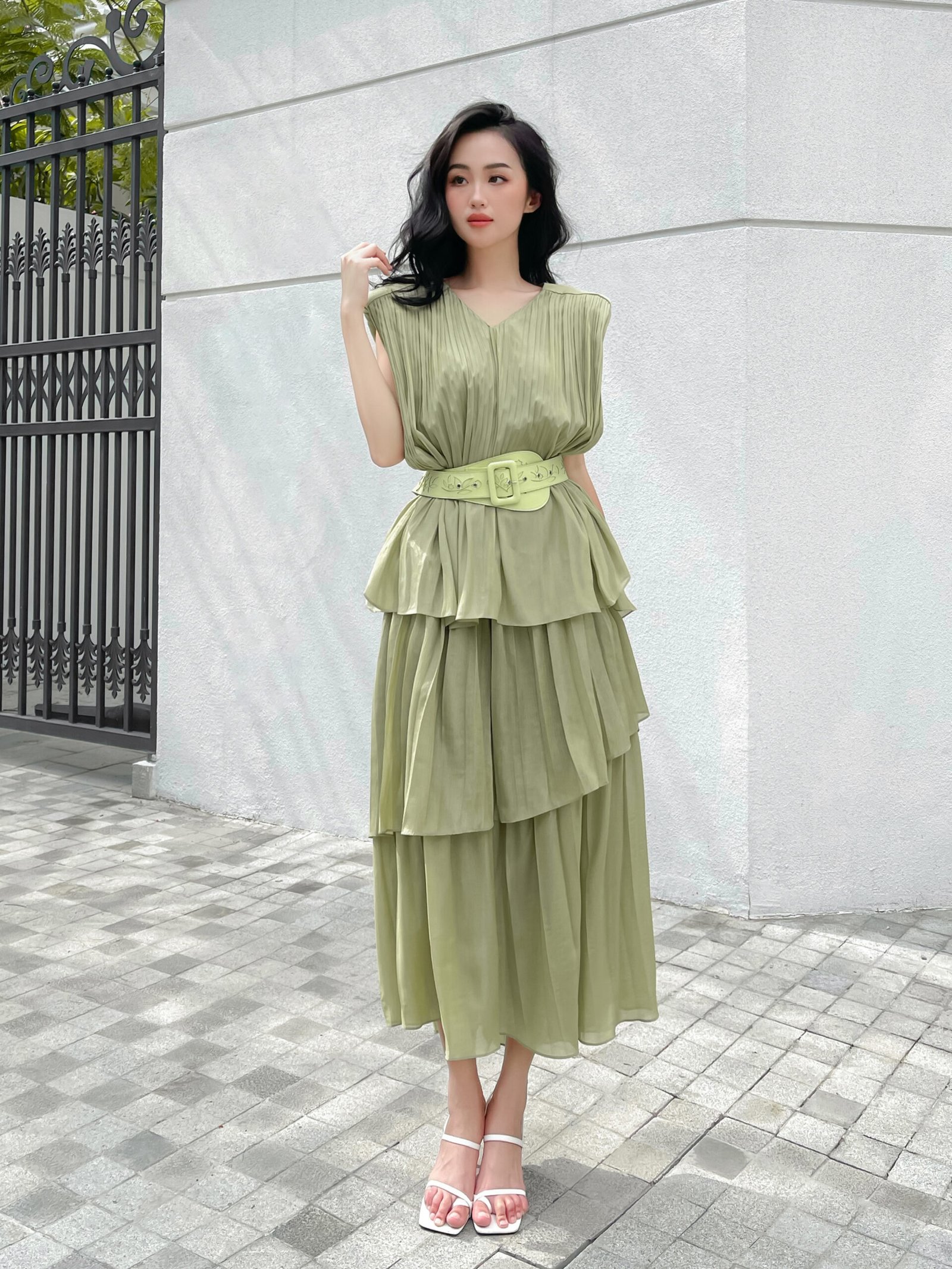 Green Nuggets Square Shoulder Tunic Dress