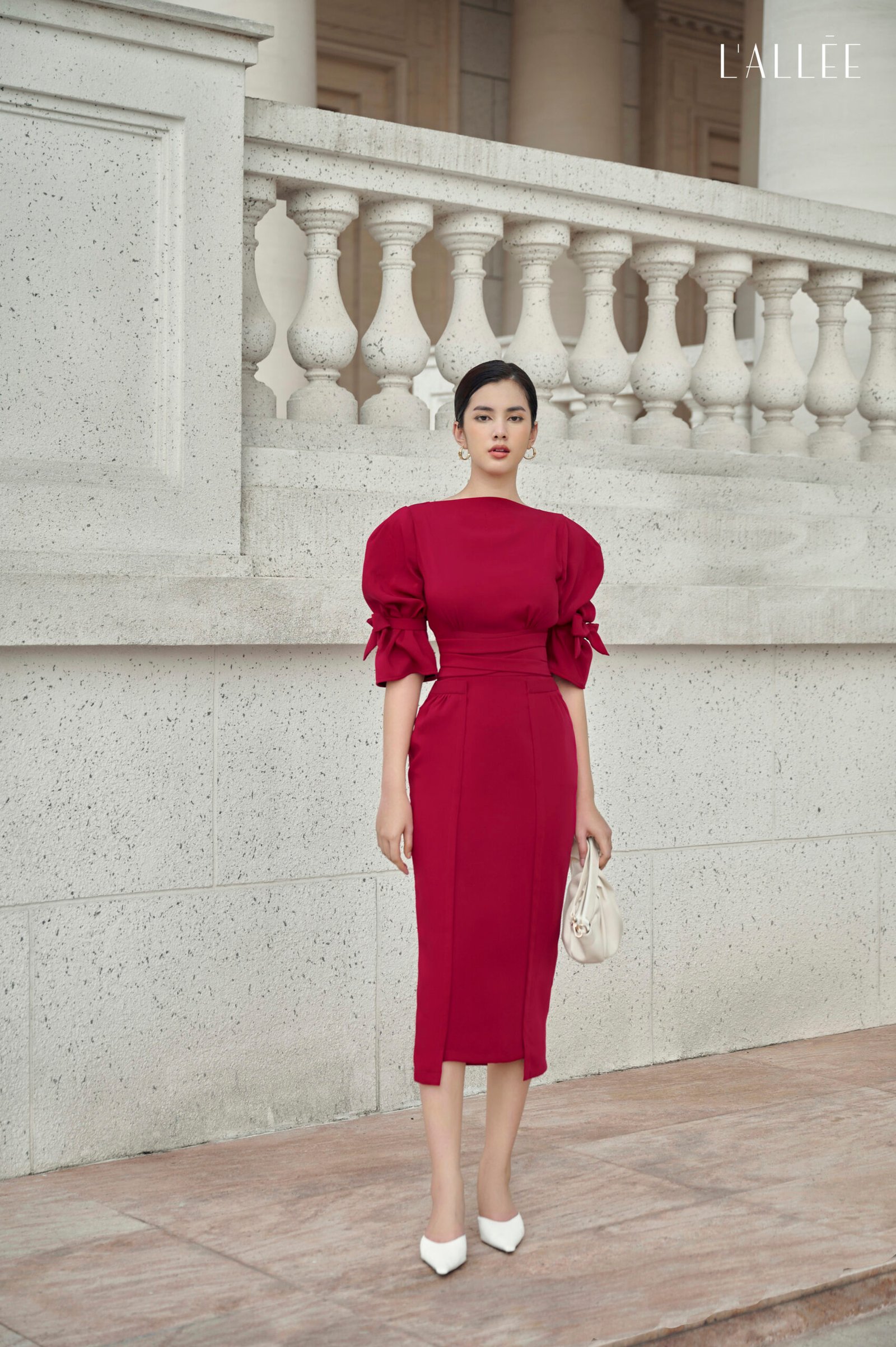 Jewel Red Velvvet Bell Sleeves Bow Tie Dress