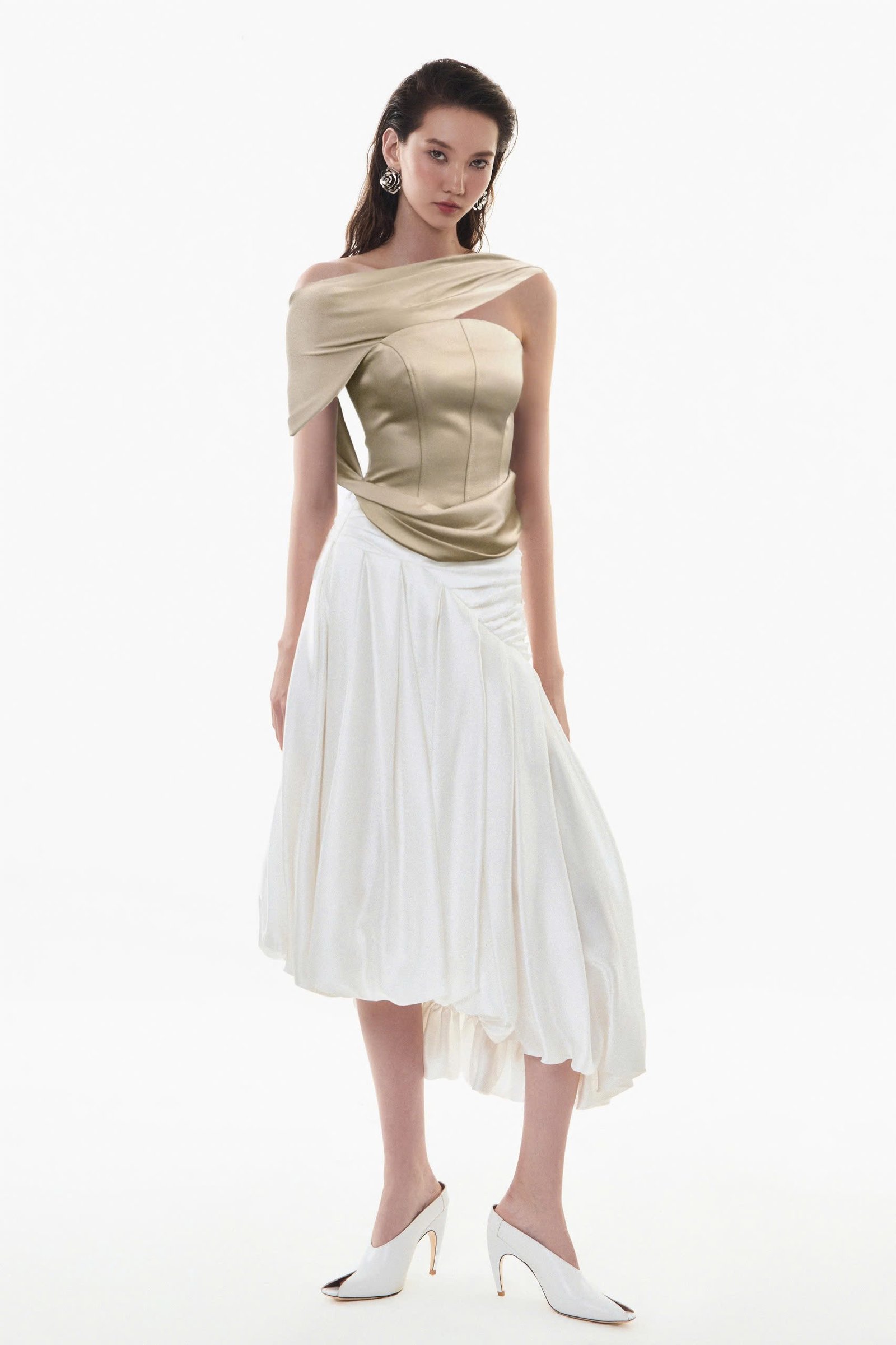 WHITE PLEATED MIDI BUBBLE SKIRT