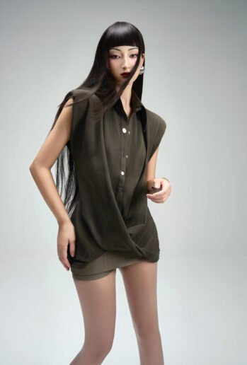 Twist Moss Green Shirt & Ash Grey  Short-skirt