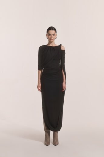 Orion Draped Shoulder Dress in Black