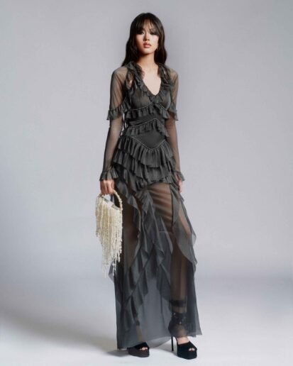 LAYERED MAXI DRESS WITH PEARL TRIMS