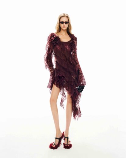 WINE RED FLORAL-LAYERED MINI DRESS