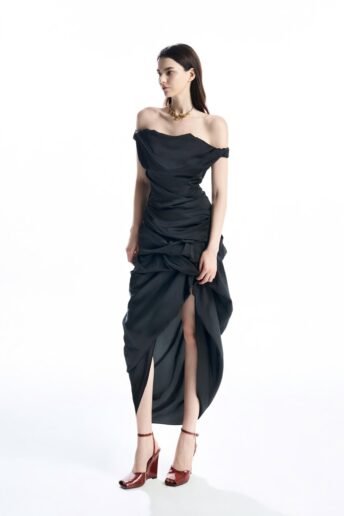 ASYMMETRICAL WRAP MIDI DRESS