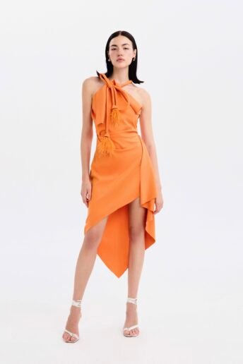APRICOT ASYMMETRIC HALTER MIDI DRESS
